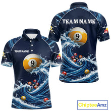 Load image into Gallery viewer, Blue Waving men's custom 9 Ball pool polo jersey, billiards team apparel, cue sports uniform, professional tournament shirt