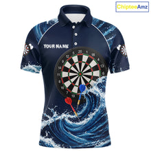 Load image into Gallery viewer, Blue Waving dartboard men's darts polo with dynamic motion artwork, personalized darts team jersey, custom league apparel, professional tournament sportswear