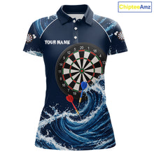 Load image into Gallery viewer, Blue Waving dartboard women's darts polo featuring flowing wave graphics, custom dart tournament jersey, personalized league apparel, precision-inspired performance clothing, steel tip darts uniform
