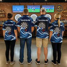 Load image into Gallery viewer, Matching Blue Waving darts team jerseys for men and women, custom tournament uniforms, professional league apparel, championship sportswear, precision-inspired dart team clothing