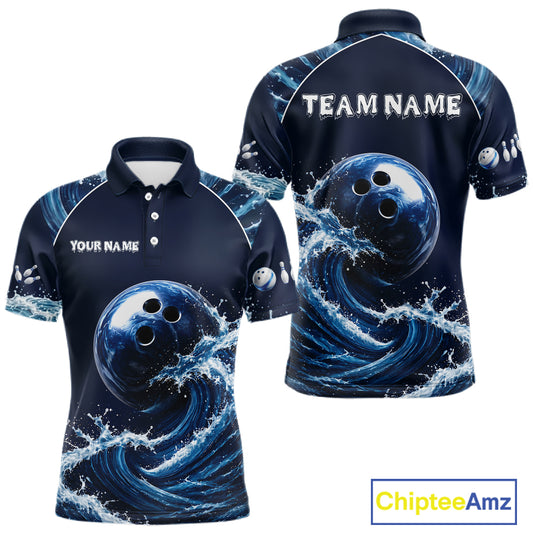 Blue Waving men's bowling polo with dynamic wave bowling ball artwork, custom bowling team shirt, personalized tournament jersey, league bowling apparel, bowling club uniform, performance sports polo
