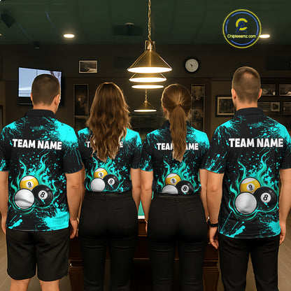 Teal Splatter Flame 8 Ball & 9 Ball Pool Polo 1/4-Zip Shirt For Men Personalized Billiard Team Apparel NYN3972