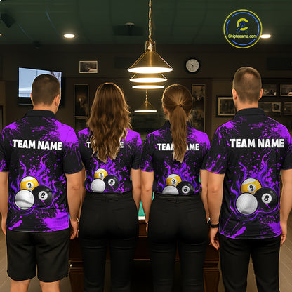 Purple Splatter Flame 8 Ball & 9 Ball Pool Polo 1/4-Zip Shirt For Men Personalized Billiard Team Apparel NYN3973