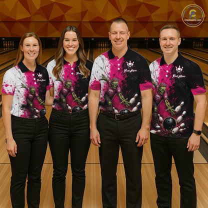 Grunge Black, White And Pink Zombie Men Bowling Shirts Personalized Skull Bowling Team Outfits NYN3188
