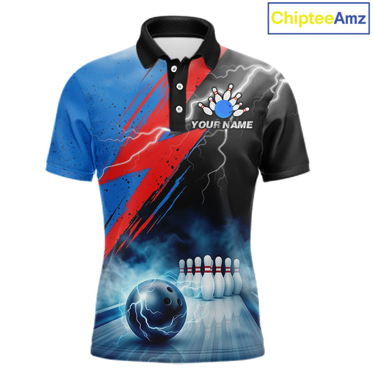 Thunder lightning bowling polo quarter zip shirt for men blue smoke bowling jersey
