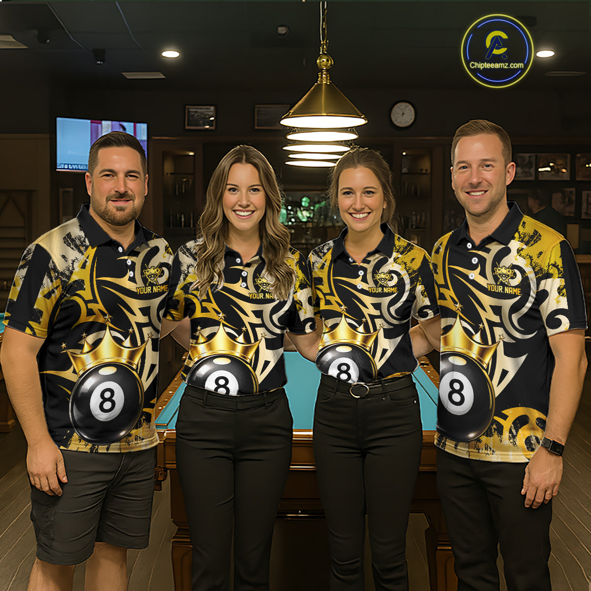 Gold Tribal Crown 8 Ball Pool Women Polo & 1/4-Zip Team Shirt Custom Billiards Ball Jerseys NYN2429