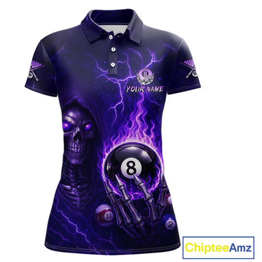 Fire Flame Purple 8 Ball Pool Billiard Team Shirt For Women Custom Grim Reaper Billiard Jerseys NYN2438
