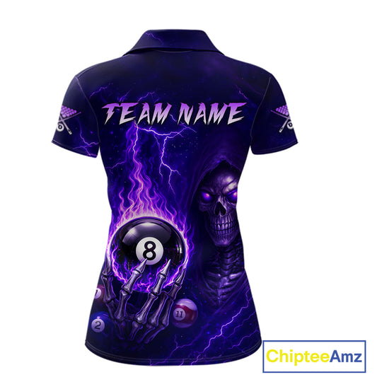 Fire Flame Purple 8 Ball Pool Billiard Team Shirt For Women Custom Grim Reaper Billiard Jerseys NYN2438