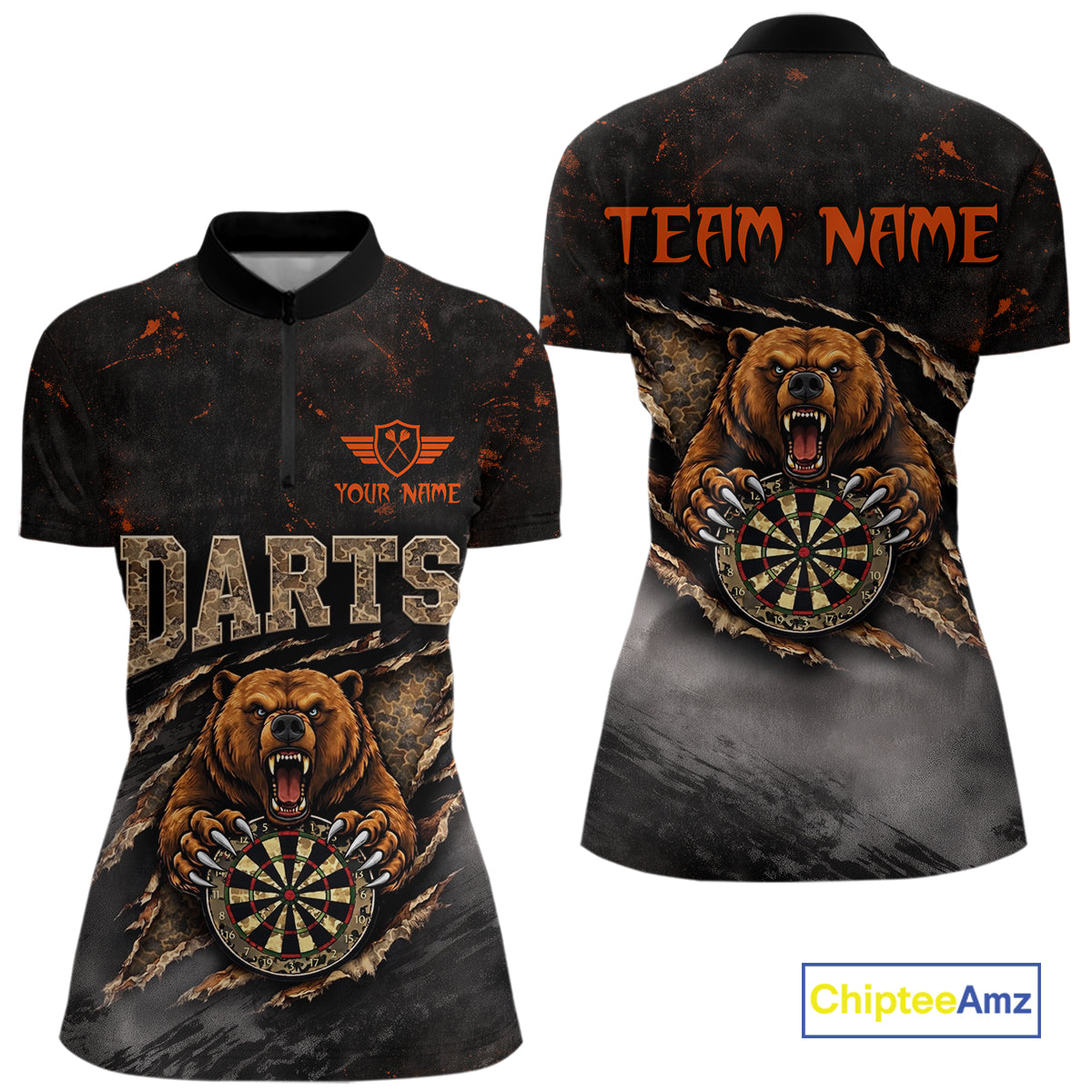 Personalized Funny Bear Grunge Camouflage Darts Polo & 1/4-Zip Shirts For Women Dart Team Jerseys NYN2814