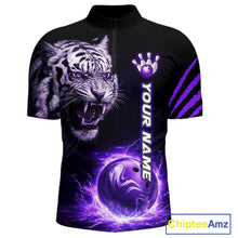 Load image into Gallery viewer, Purple Flames Tiger Custom Men Bowling Polo &amp; Quarter-Zip Shirts Flame Bowling Team Jerseys NYN3012
