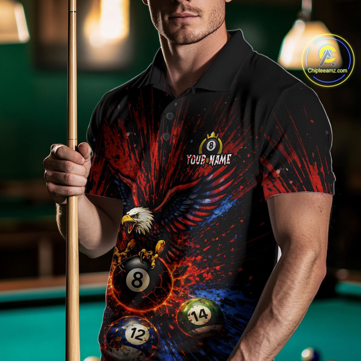 Custom Grunge Paint Blue & Red Eagle Pool 8 Ball Men's Billiard Team Shirt Billiard Attire NYN2670