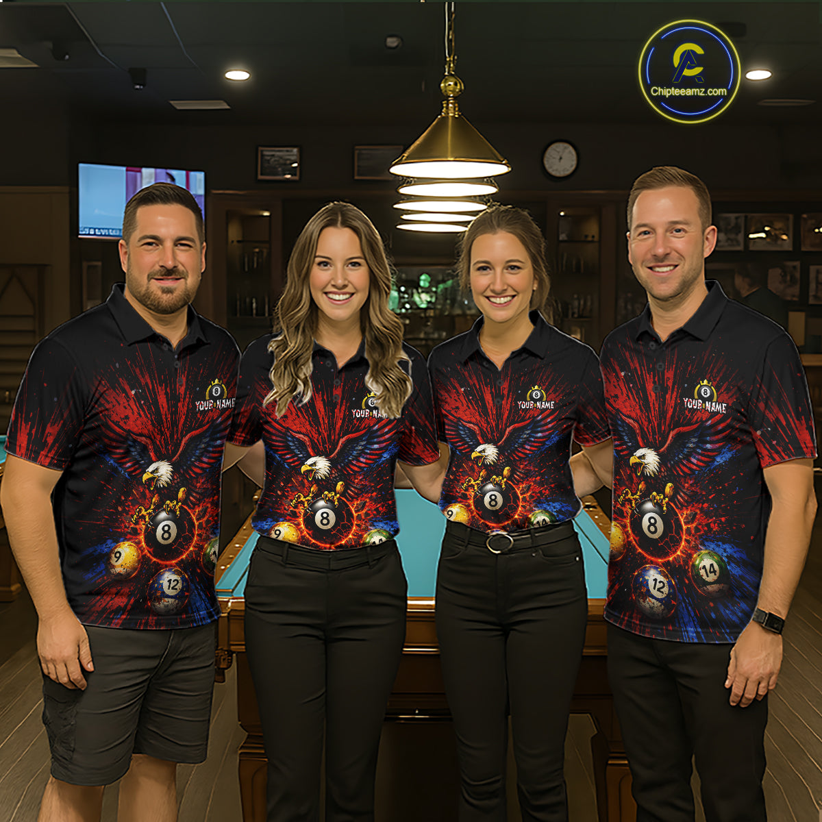 Custom Grunge Paint Blue & Red Eagle Pool 8 Ball Women's Billiard Team Shirt Billiard Attire NYN2670