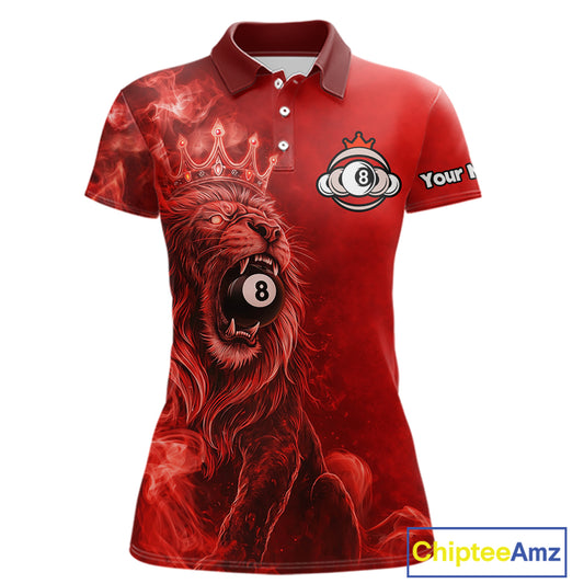 Personalized Red Grunge Smoke Crown Lion 8 Ball Pool Billiard Shirts For Women Billiard Attire Gifts NYN2826