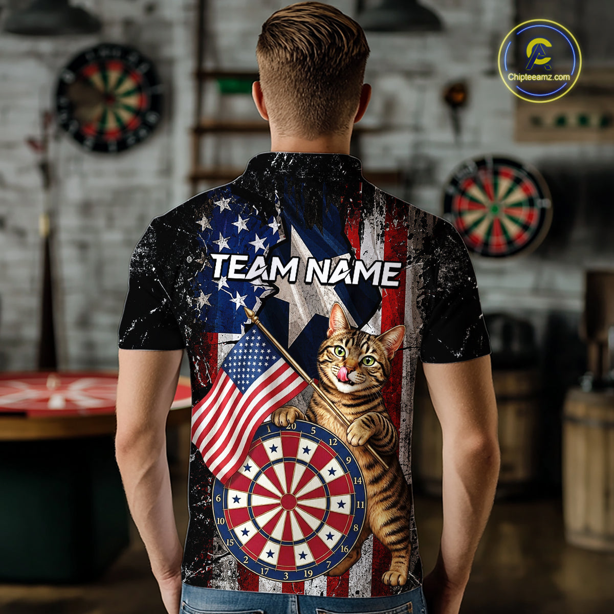 Funny Cat Patriotic Dartboard Darts Jersey For Men Custom Grunge Texas - US Flag Darts Team Shirts NYN3205