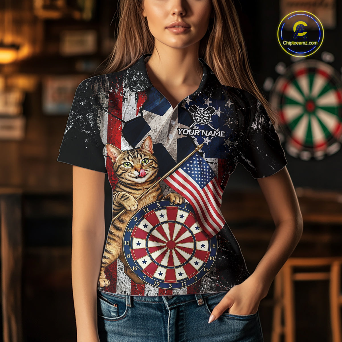 Funny Cat Patriotic Dartboard Darts Jersey For Women Custom Grunge Texas - US Flag Darts Team Shirts NYN3205
