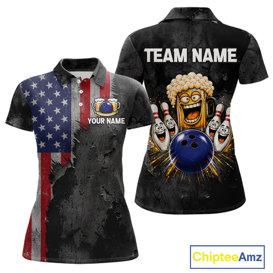 American Flag Grunge Patriotic Bowling Shirt For Women Custom Funny Beer Bowling Tournament Jersey NYN3748