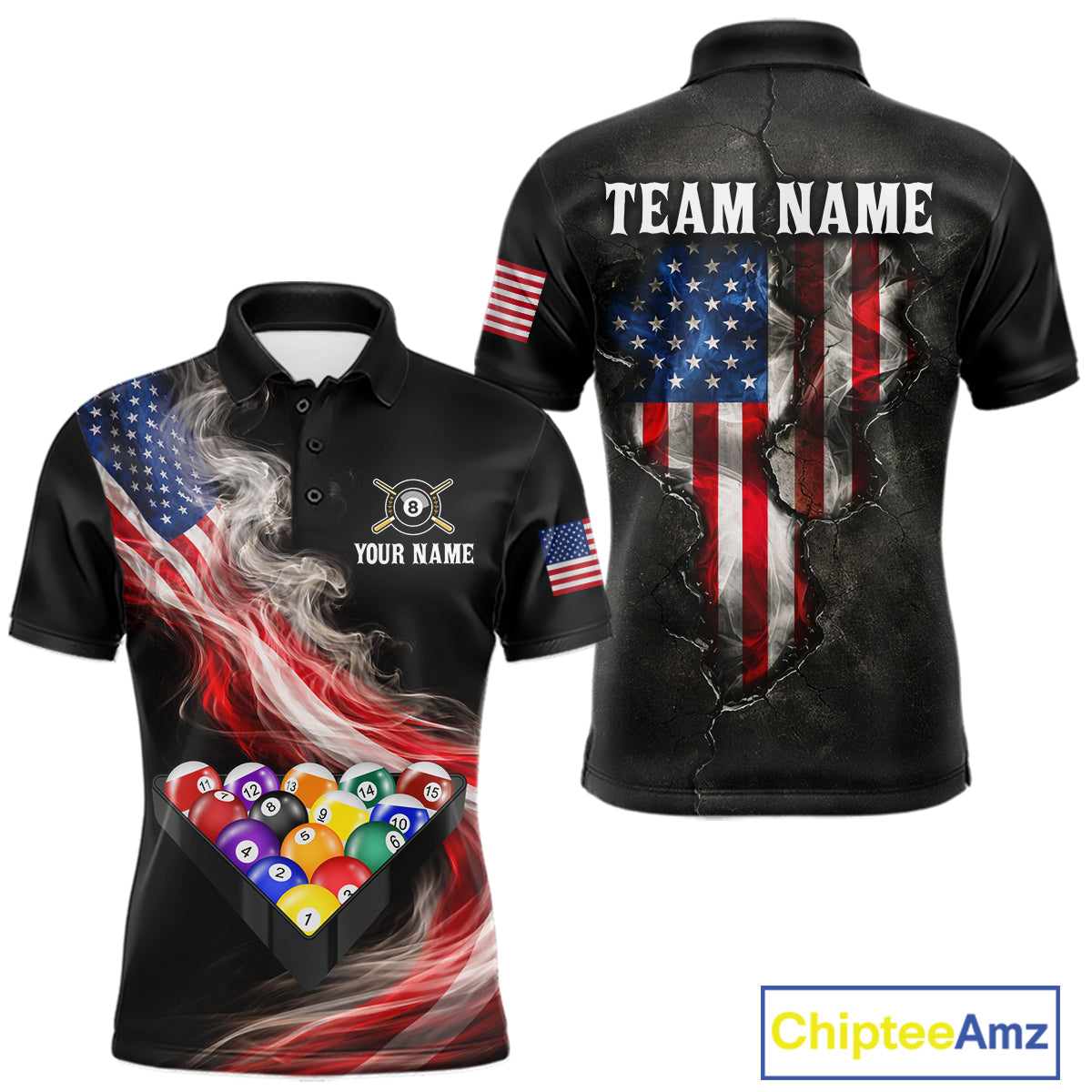 Smoke US Flag Smoke Billiard Polo & 1/4-Zip For Men Custom Patriotic 8 Ball Pool Team Jersey NYN3045