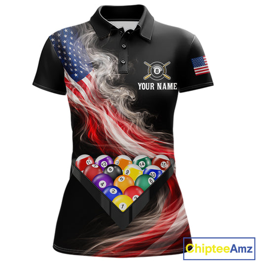 Smoke US Flag Smoke Billiard Polo & 1/4-Zip For Women Custom Patriotic 8 Ball Pool Team Jersey NYN3045
