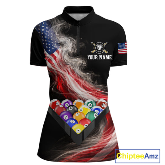 Smoke US Flag Smoke Billiard Polo & 1/4-Zip For Women Custom Patriotic 8 Ball Pool Team Jersey NYN3045