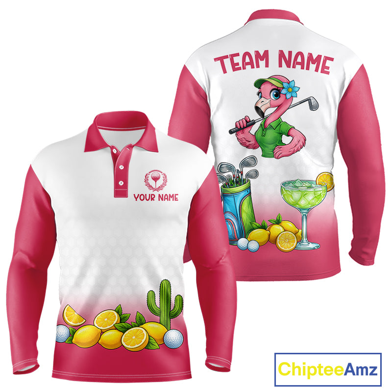 Mens Flamingo Tropical Polo Golf Shirts Custom Pink And White Ball Golf Attire For Golfers NYN3061
