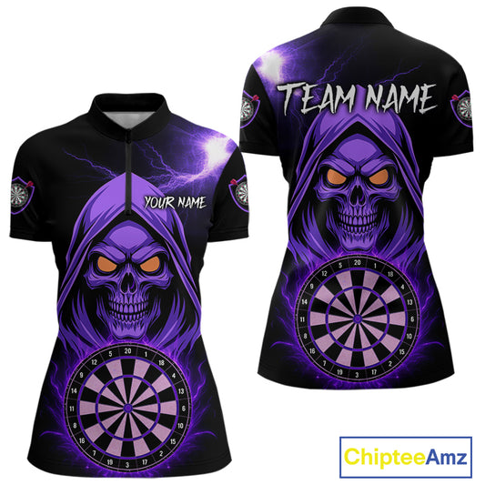 Custom Skeleton Purple Flames Dartboard Dart Women Quarter-Zip Jerseys Outfits Dart Team Shirt NYN1664