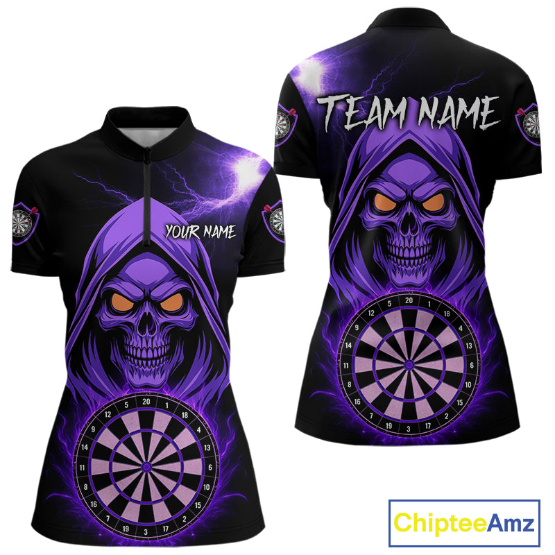 Custom Skeleton Blue Flames Dartboard Dart Women Quarter-Zip Jerseys Outfits Dart Team Shirt NYN1665