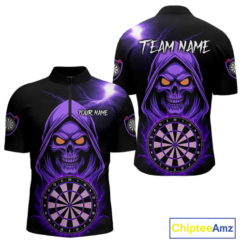 Custom Skeleton Purple Flames Dartboard Dart Men Quarter-Zip Jerseys Outfits Dart Team Shirt NYN1664