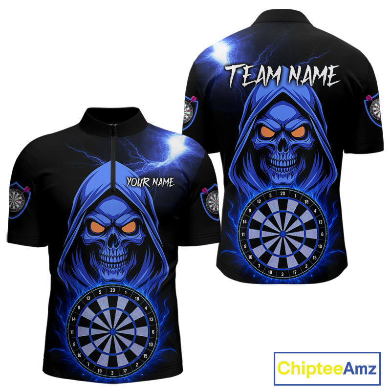 Custom Skeleton Blue Flames Dartboard Dart Men Quarter-Zip Jerseys Outfits Dart Team Shirt NYN1665