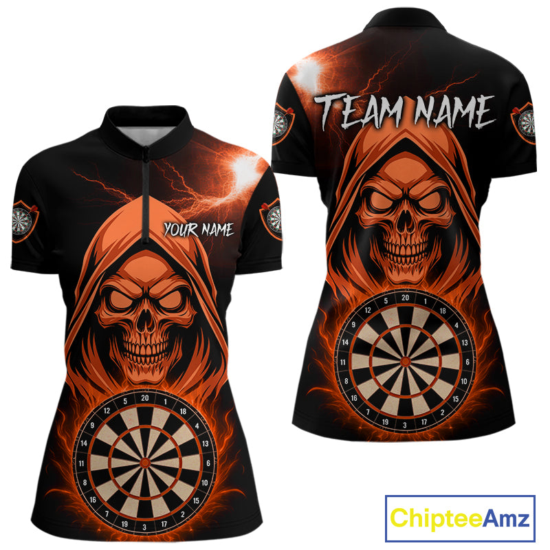 Custom Skeleton Orange Flames Dartboard Dart Women Quarter-Zip Jerseys Outfits Dart Team Shirt NYN1666