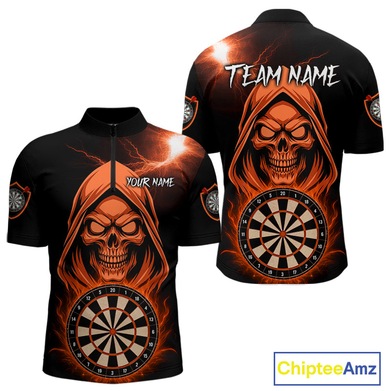 Custom Skeleton Orange Flames Dartboard Dart Men Quarter-Zip Jerseys Outfits Dart Team Shirt NYN1666