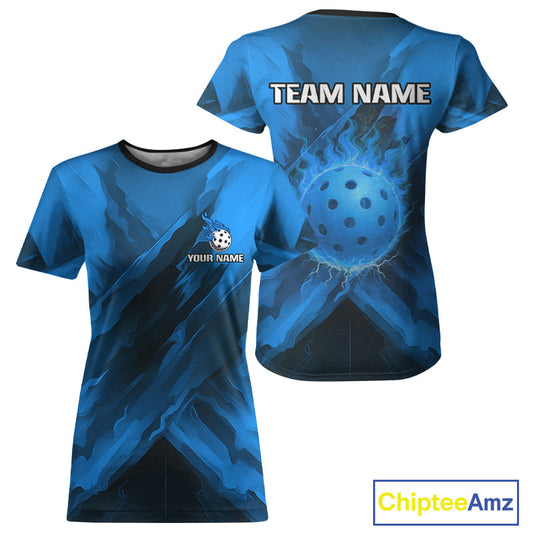 Custom Fire Flame Blue Pickleball Ball T-Shirt For Women  Outfits Pickleball Jerseys NYN2486