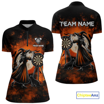 Orange Grunge Halloween Womens Dart Polo Quarter-Zip Shirts Custom Dart Team Outfits Jersey NYN4083