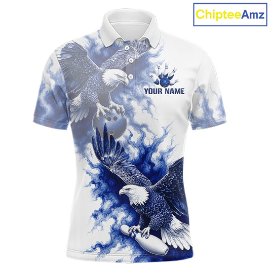 Blue & White Eagle Bowling Polo with personalized team graphics, soaring eagle artwork, moisture-wicking performance fabric, patriotic bowling apparel, veteran-inspired sportswear.