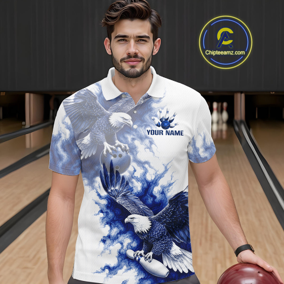 Male bowler modeling Eagle bowling shirt, patriotic sportswear, veteran appreciation, American pride, championship bowling jersey, athletic lifestyle clothing.