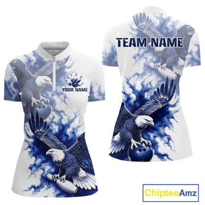 Blue & White Eagle Quarter-Zip Bowling Shirt featuring custom player name, majestic eagle design, quick-dry bowling tournament jersey, patriotic athletic apparel.