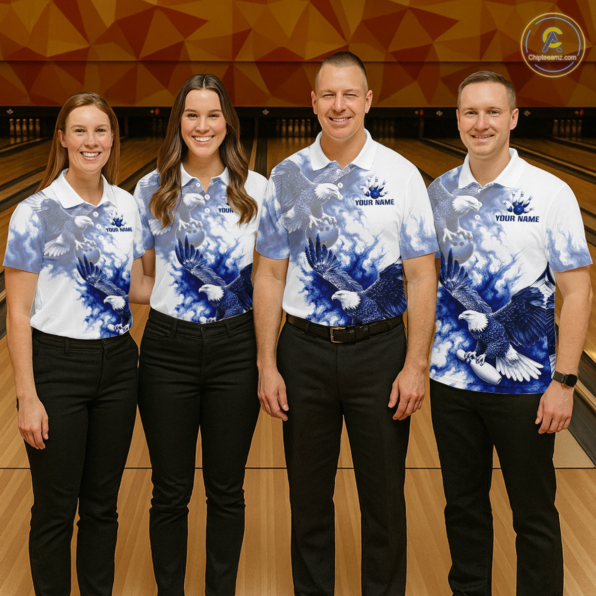 Bowling team wearing matching Blue & White Eagle jerseys, personalized names, patriotic tournament uniforms, Independence Day, Veterans Day, Memorial Day sportswear, unity, leadership, victory symbolism.