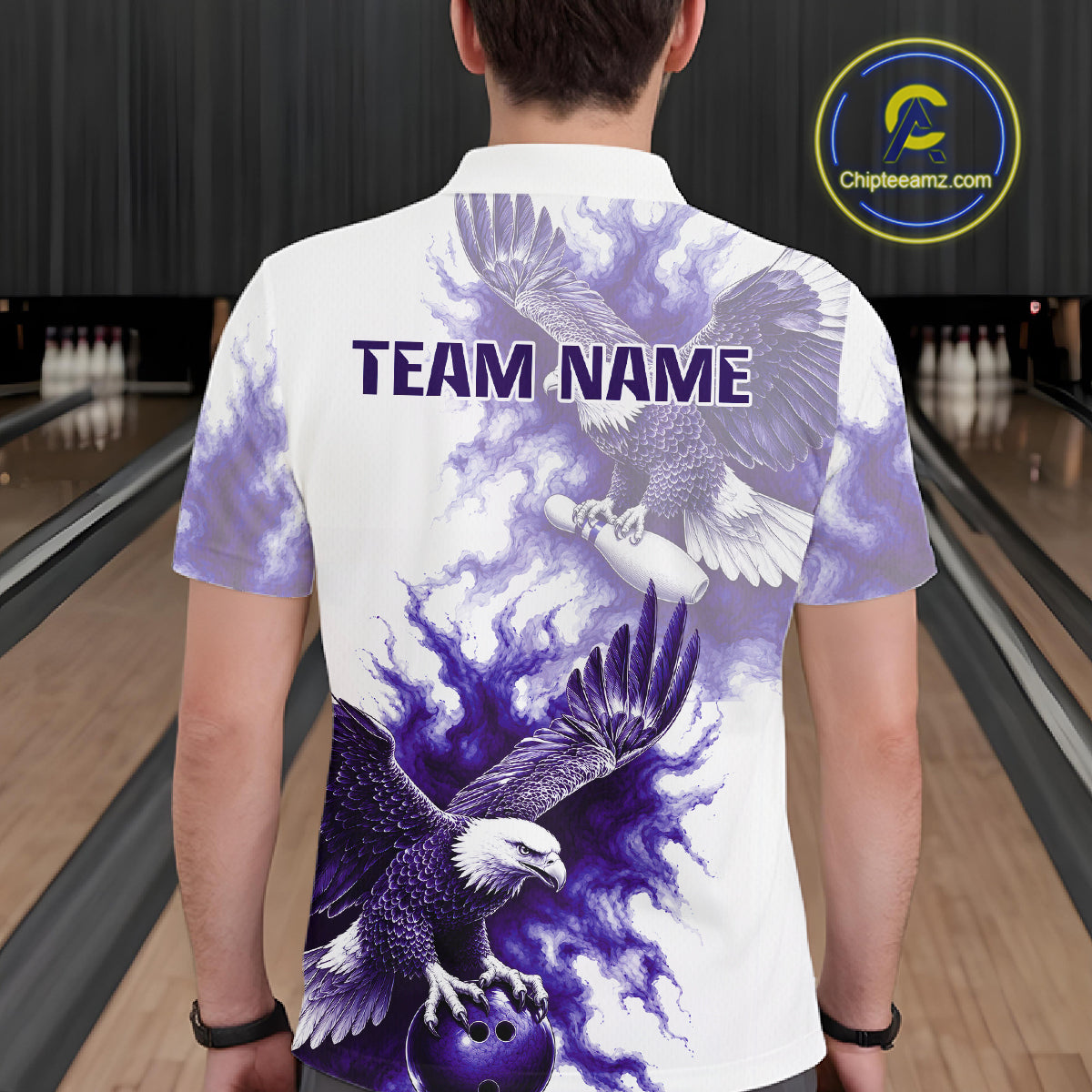 Male athlete wearing Purple Eagle bowling polo, eagle symbolism, leadership, courage, competitive bowling apparel, championship sportswear.