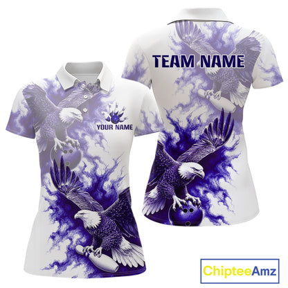 Custom Purple & White Eagle Bowling Polo featuring soaring eagle artwork, personalized bowling team jersey, breathable athletic fabric, custom bowling league apparel, purple sports fashion, freedom symbolism, eagle-inspired design