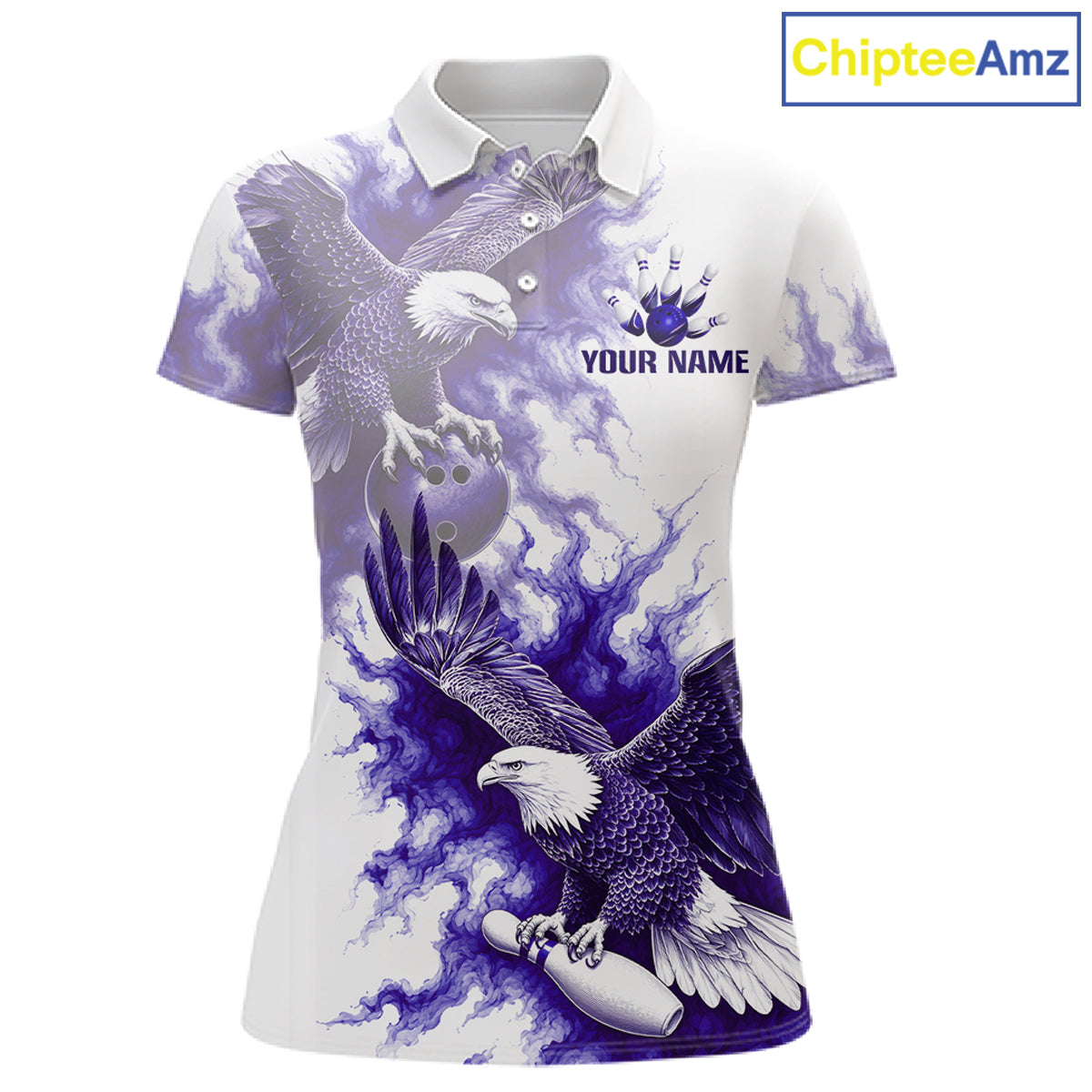 Custom Purple & White Eagle Bowling Polo featuring soaring eagle artwork, personalized bowling team jersey, breathable athletic fabric, custom bowling league apparel, purple sports fashion, freedom symbolism, eagle-inspired design