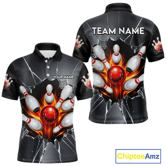 Grey Broken Glass Bowling Shirt For Men Custom Fire Flame Outfit Bowling Jersey | Red NYN3230