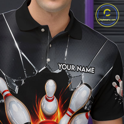Grey Broken Glass Bowling Shirt For Men Custom Fire Flame Outfit Bowling Jersey | Red NYN3230