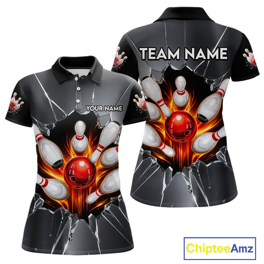Grey Broken Glass Bowling Shirt For Women Custom Fire Flame Outfit Bowling Jersey | Red NYN3230