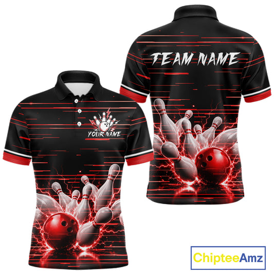 Red Horizontal Stripes Mens Bowling Shirt Personalized Thunder Lightning Team Bowling Jersey NYN3233