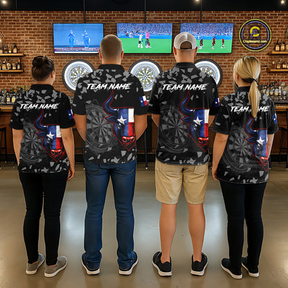 Texas Flag Bull & Dartboard Custom Grunge Men Darts 1/4-Zip Shirt Patriotic Darts Team Jersey NYN2716