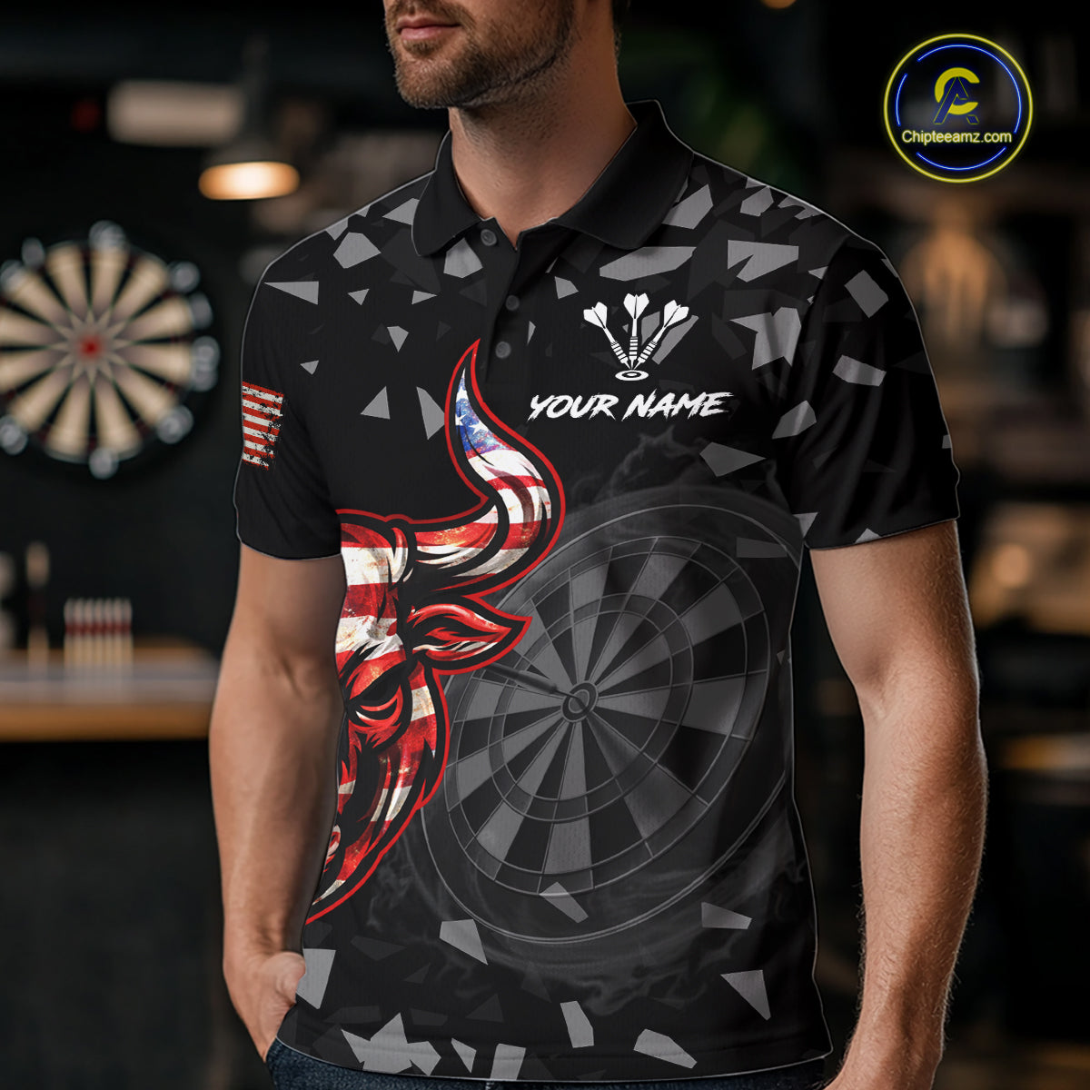 USA Flag Bull & Dartboard Custom Grunge Men Darts Polo Shirt Patriotic Darts Team Jersey NYN2717