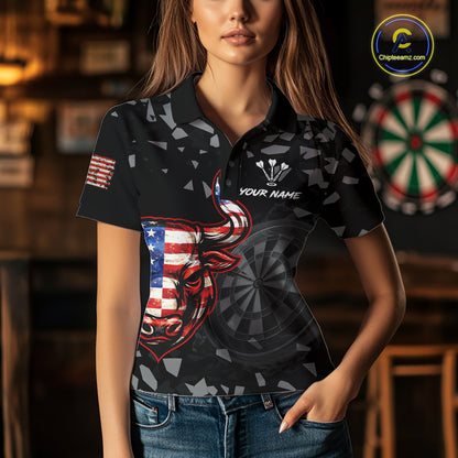 USA Flag Bull & Dartboard Custom Grunge Women Darts Polo Shirt Patriotic Darts Team Jersey NYN2717