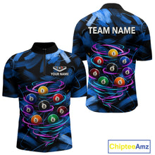 Load image into Gallery viewer, Neon Blue Light billiard ball men's quarter zip pool shirt custom billiard team jersey, tournament billiards uniform