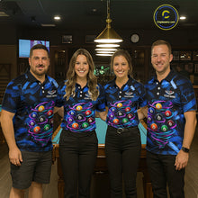 Load image into Gallery viewer, Men women billiard team wearing Neon Blue Light custom billiards uniforms, personalized pool team jerseys