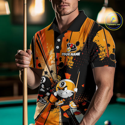 Male player wearing Funny 8 Ball custom pool shirt, playful mascot sportswear, league competition, Father's Day gift, personalized billiard clothing.
