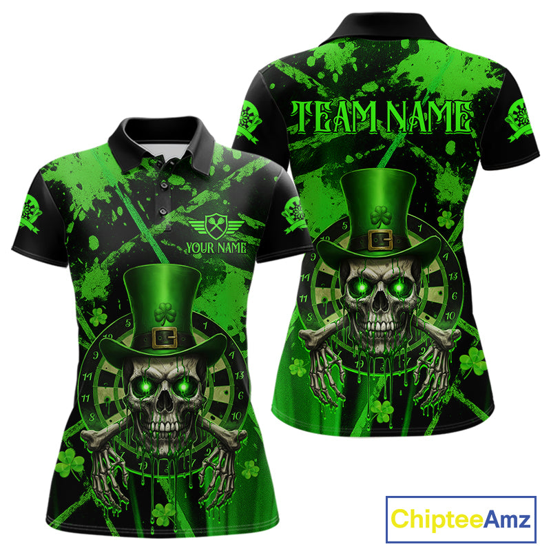 Custom Green Grunge St Patricks Day Women Darts Polo Shirt Skull Leprechaun Darts Jersey NYN1971